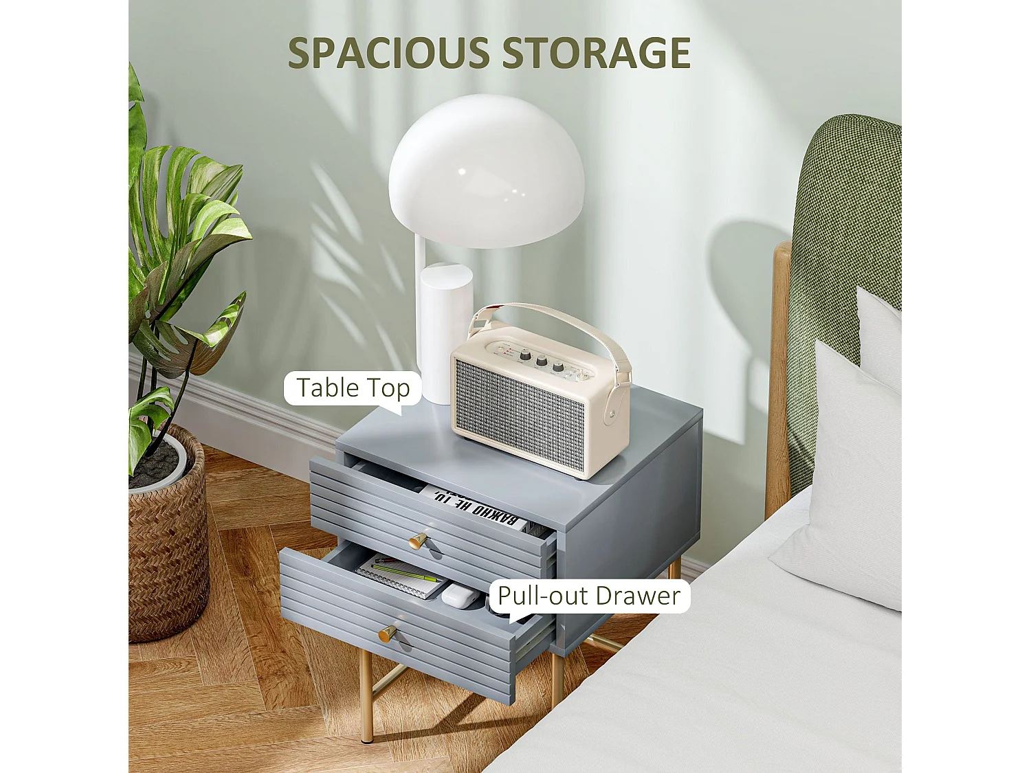 Lika Set of 2 Grey and Gold Bedside Tables with Ribbed Drawers