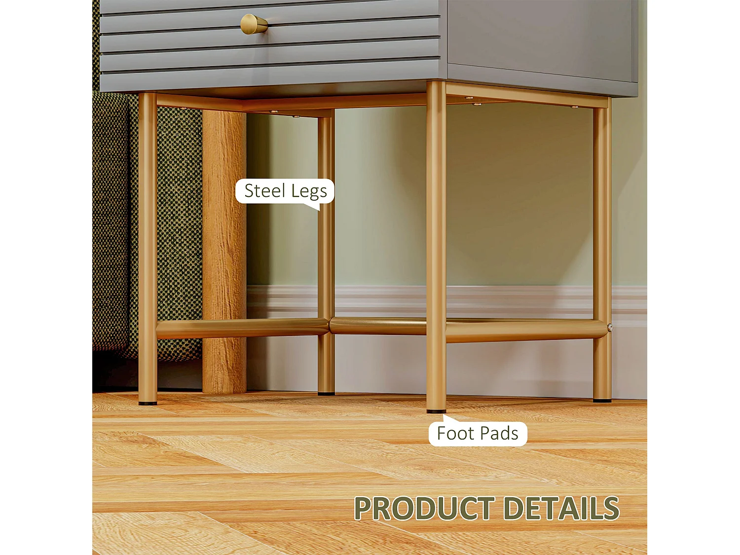 Lika Set of 2 Grey and Gold Bedside Tables with Ribbed Drawers