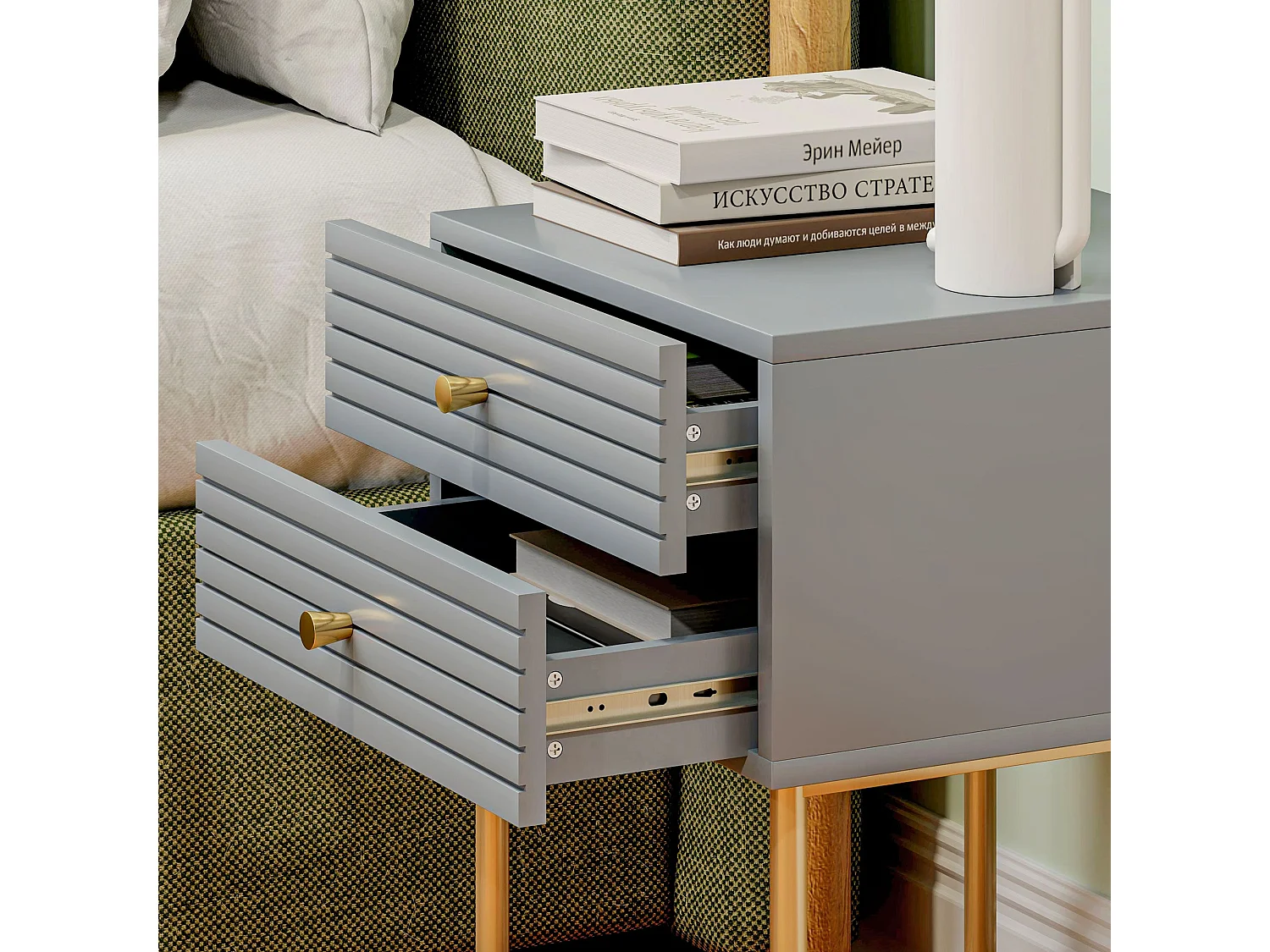 Lika Set of 2 Grey and Gold Bedside Tables with Ribbed Drawers