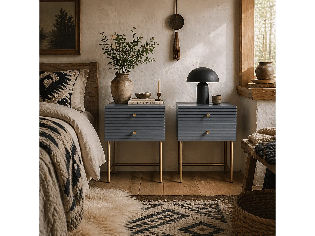 Lika Set of 2 Grey and Gold Bedside Tables with Ribbed Drawers