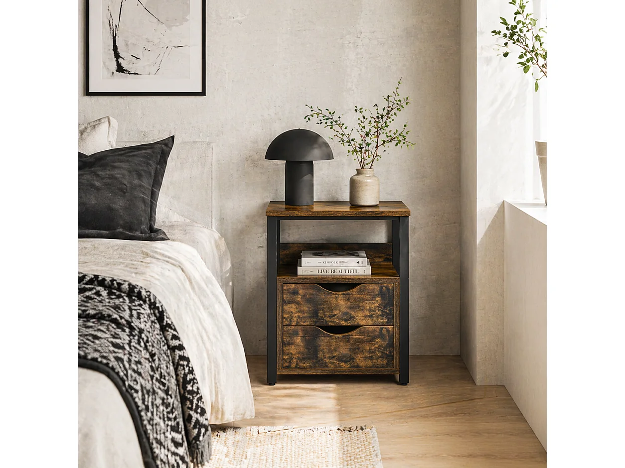 Liri Hael Rustic Brown Bedside Table with 2 Drawers and Top Shelf