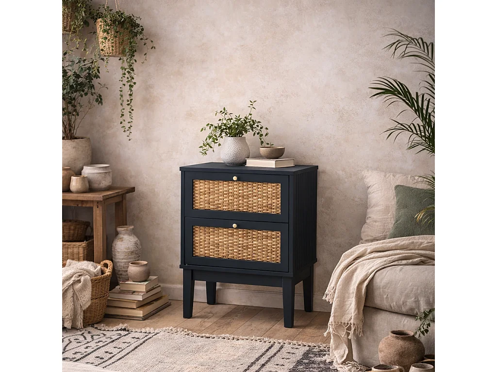 Waterford Berlin Blue Oak Bedside Table with Rattan Drawer Fronts 2 Drawers