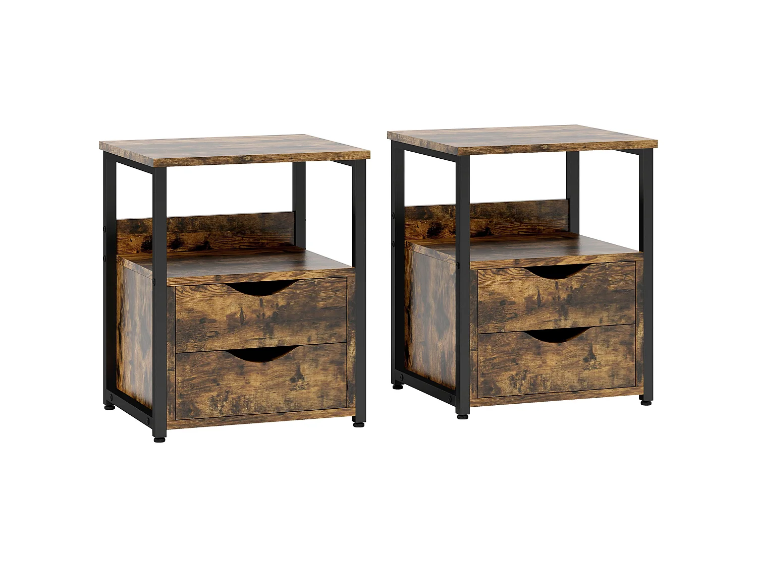 Dikedo Set of 2 Industrial Rustic Brown Bedside Tables with 2 Drawers and Open Shelf