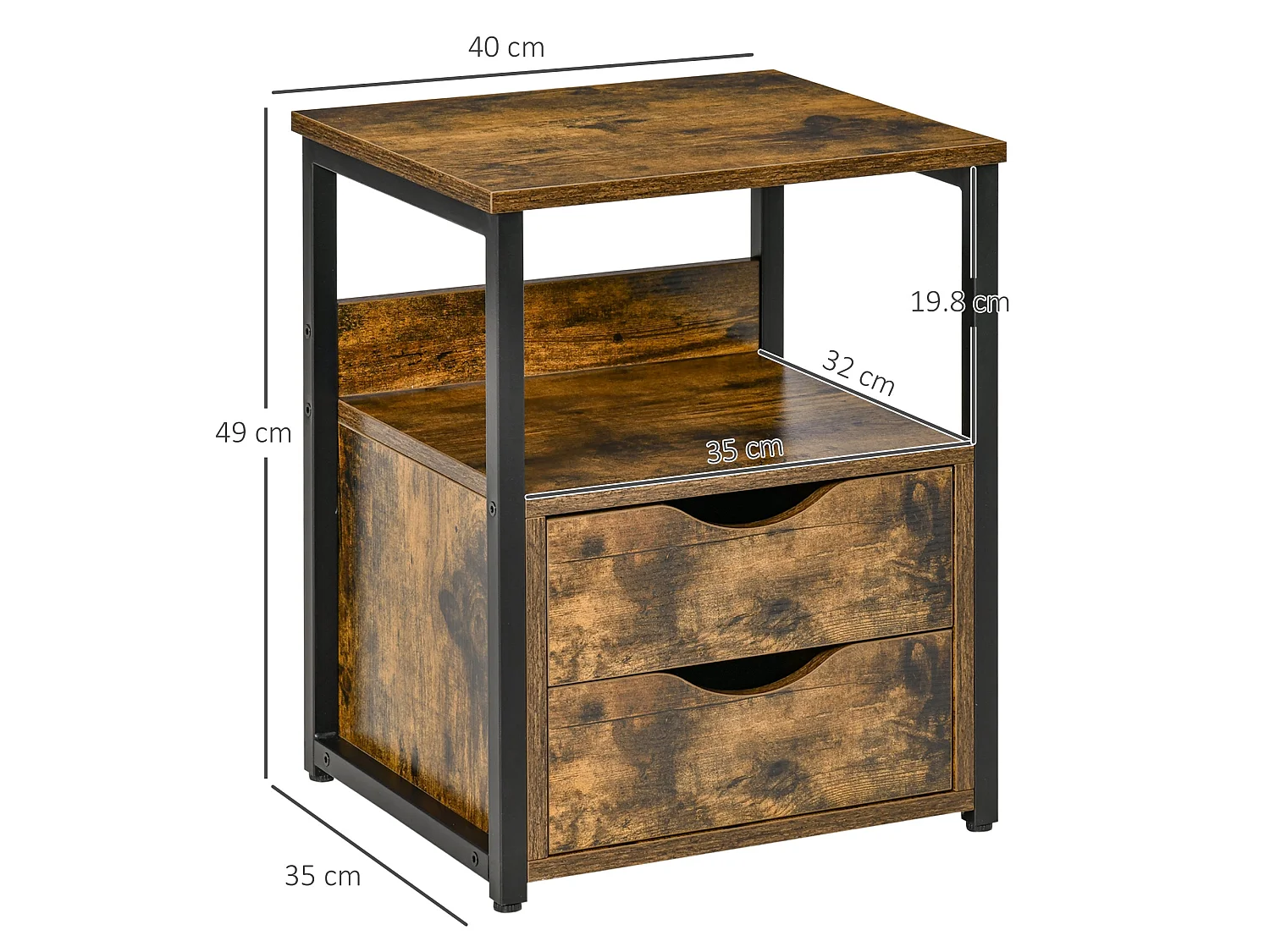 Dikedo Set of 2 Industrial Rustic Brown Bedside Tables with 2 Drawers and Open Shelf