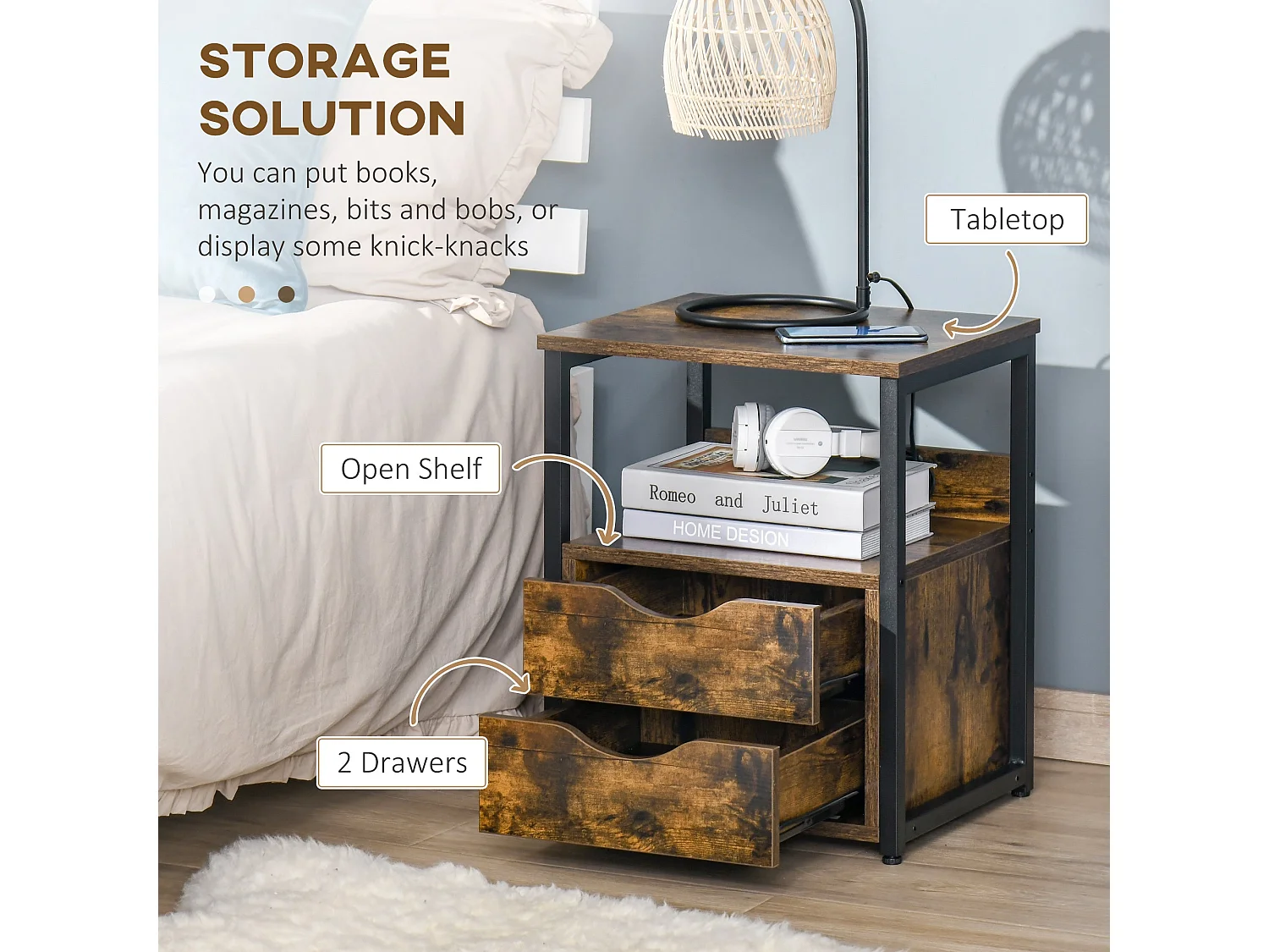 Dikedo Set of 2 Industrial Rustic Brown Bedside Tables with 2 Drawers and Open Shelf