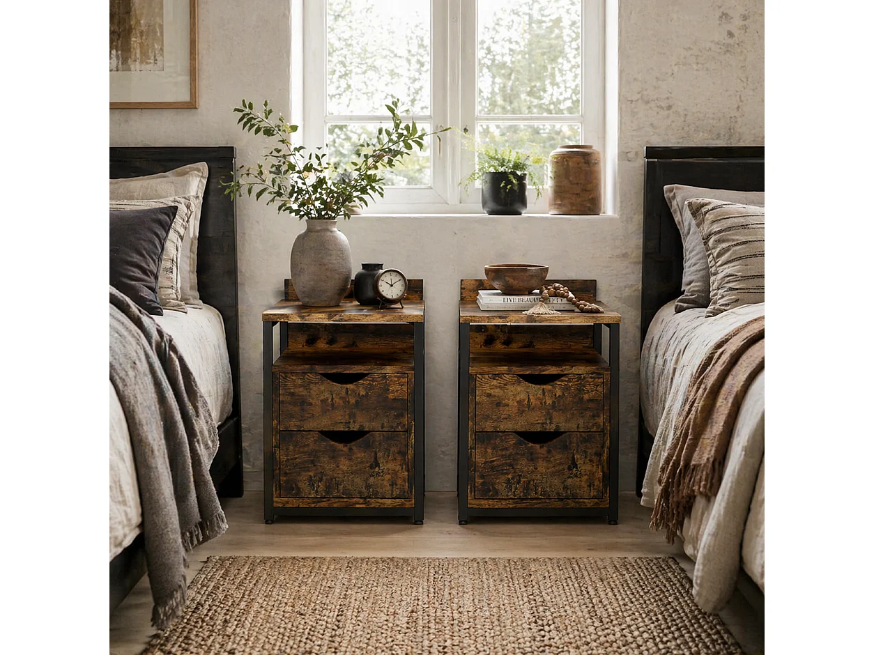 Dikedo Set of 2 Industrial Rustic Brown Bedside Tables with 2 Drawers and Open Shelf