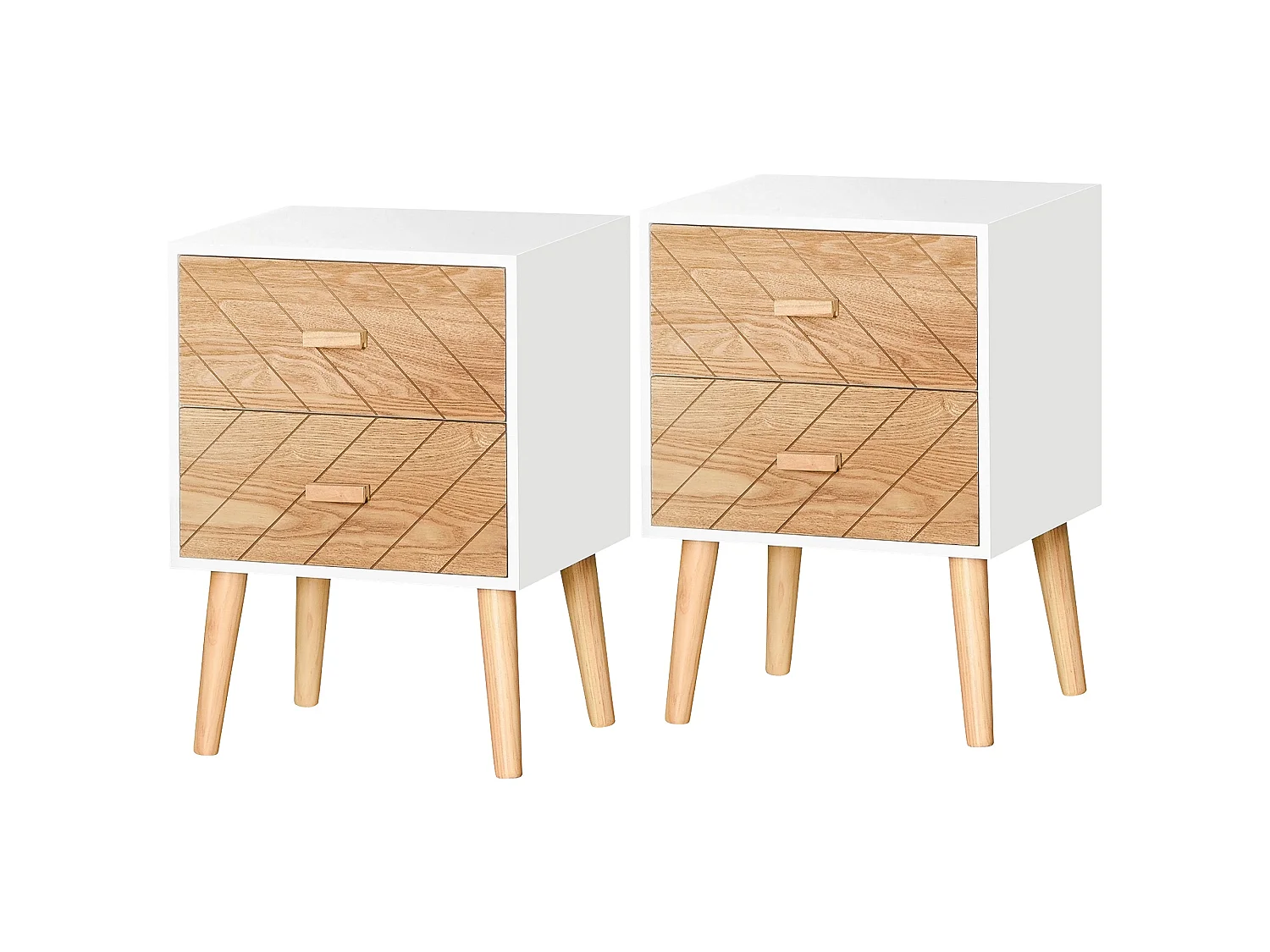 Elco Set of 2 Retro Bedside Tables with 2 Drawers and Angled Pine Legs