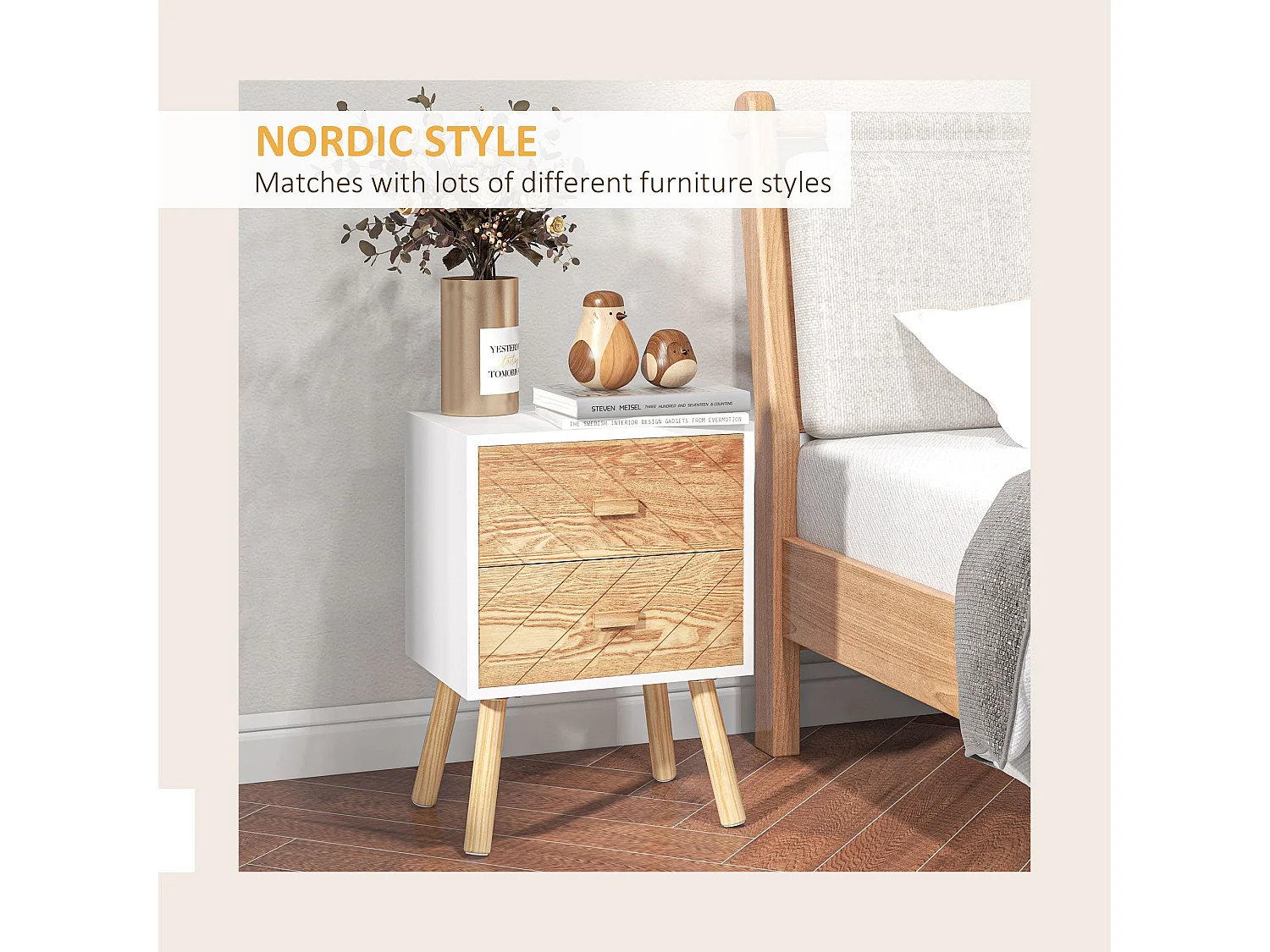 Elco Set of 2 Retro Bedside Tables with 2 Drawers and Angled Pine Legs