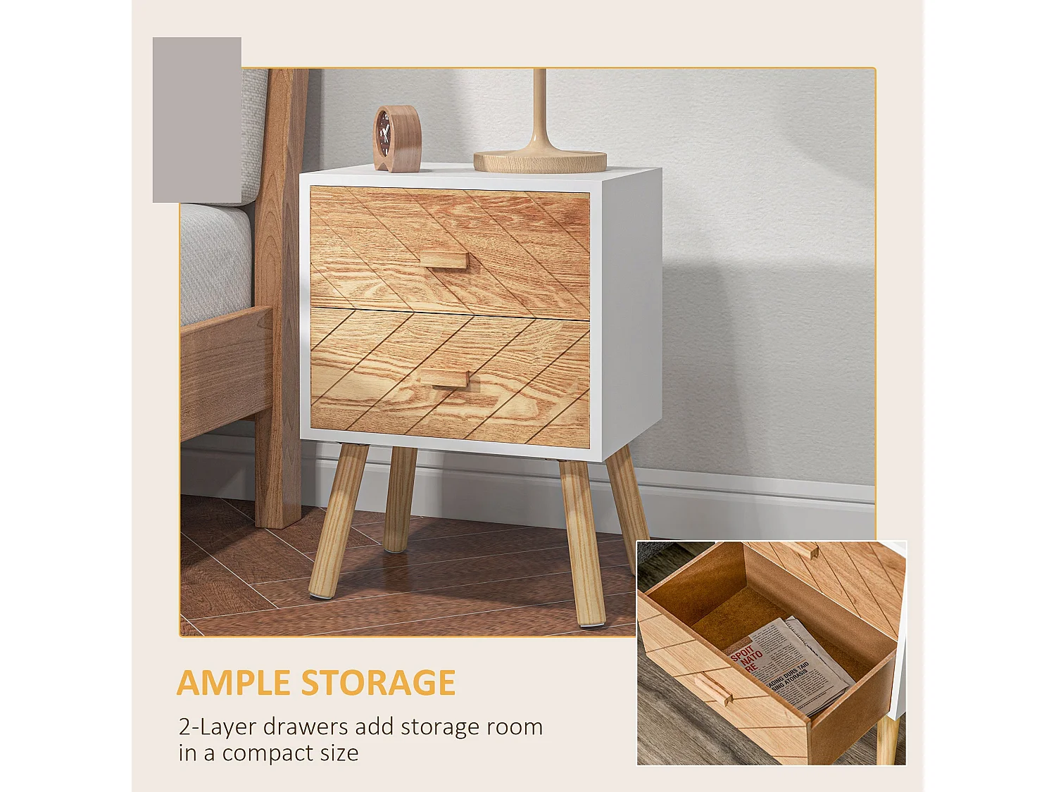 Elco Set of 2 Retro Bedside Tables with 2 Drawers and Angled Pine Legs