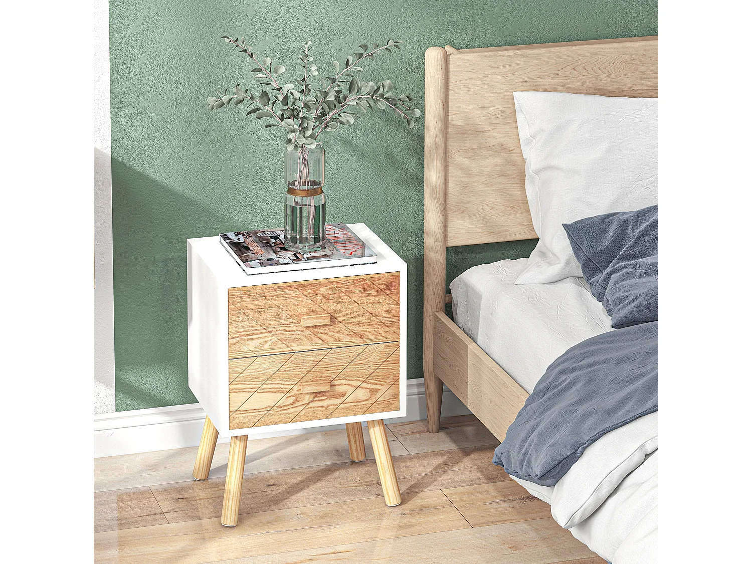 Elco Set of 2 Retro Bedside Tables with 2 Drawers and Angled Pine Legs