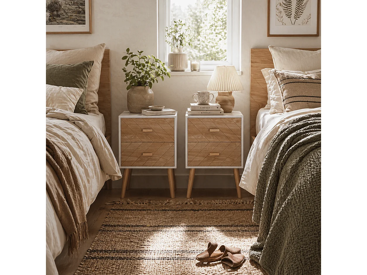 Elco Set of 2 Retro Bedside Tables with 2 Drawers and Angled Pine Legs