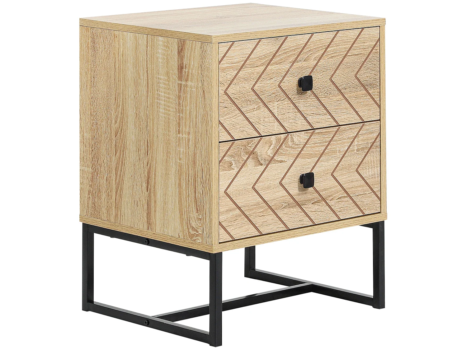 Nema Diso Natural Wood 2 Drawer Nightstand with Zig Zag Chevron Design Black Handles