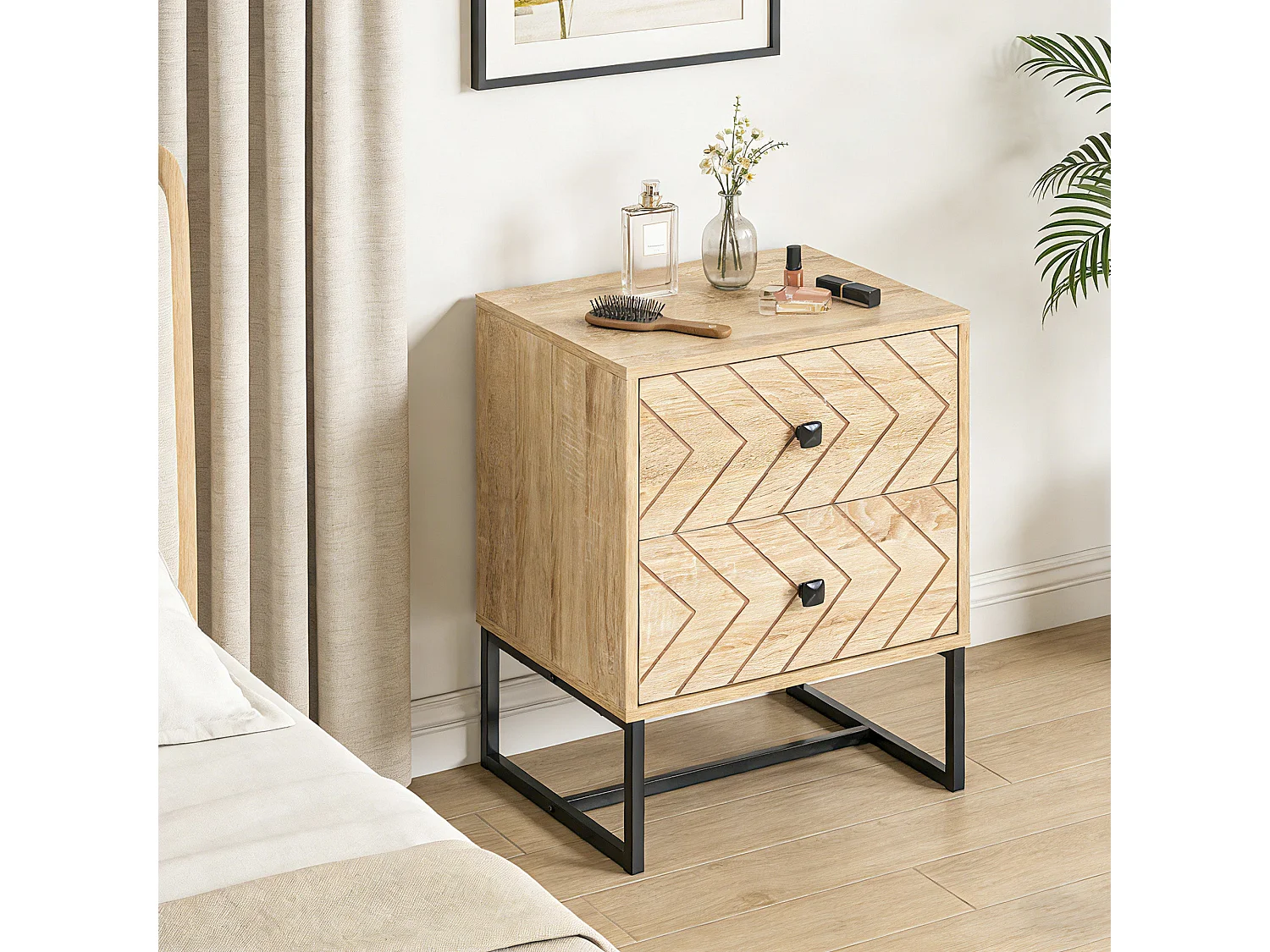 Nema Diso Natural Wood 2 Drawer Nightstand with Zig Zag Chevron Design Black Handles