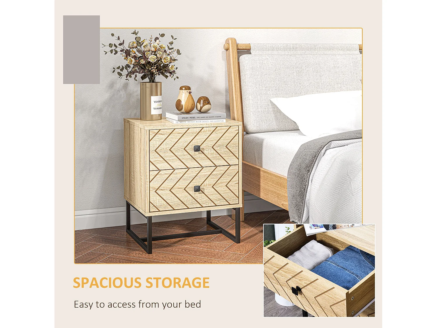 Nema Diso Natural Wood 2 Drawer Nightstand with Zig Zag Chevron Design Black Handles