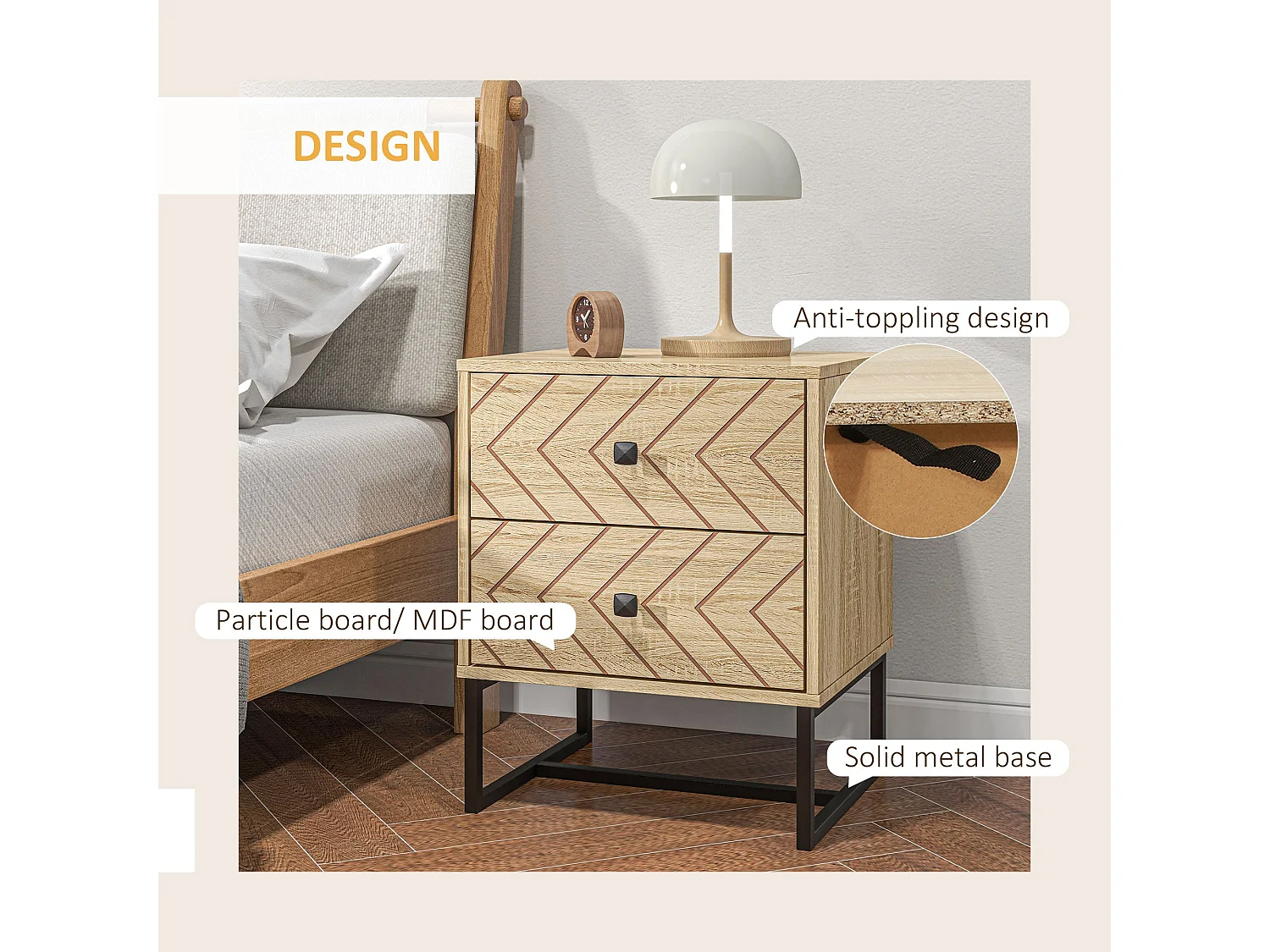 Nema Diso Natural Wood 2 Drawer Nightstand with Zig Zag Chevron Design Black Handles