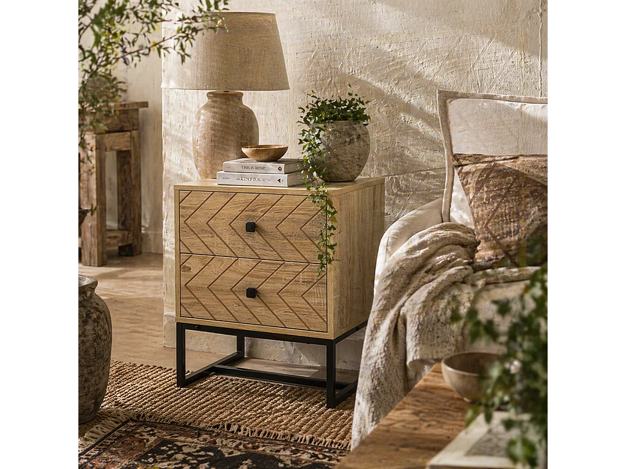 Nema Diso Natural Wood 2 Drawer Nightstand with Zig Zag Chevron Design Black Handles