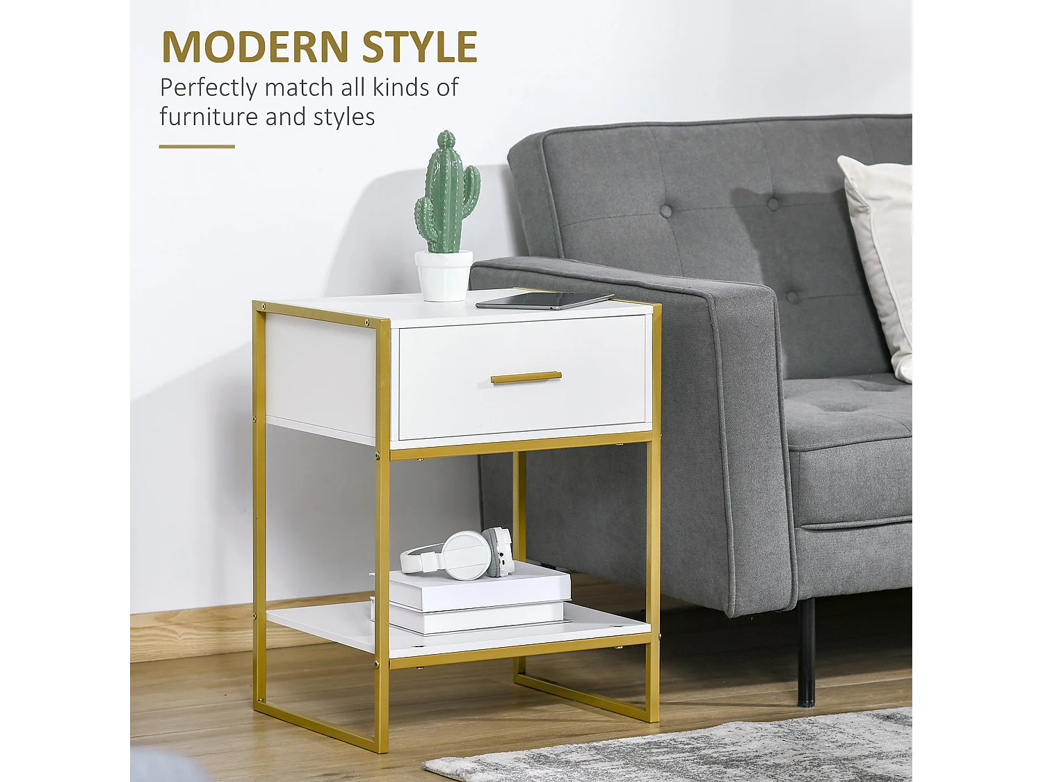 Fimase Set of 2 White Bedside Tables with Drawer and Shelf