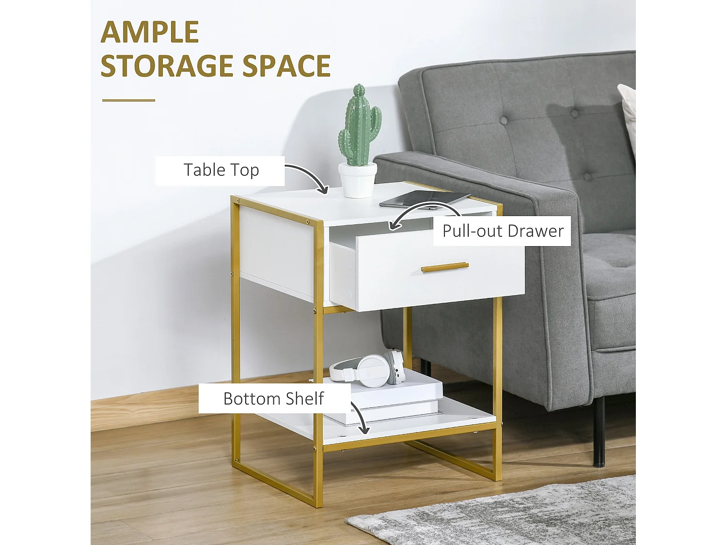 Fimase Set of 2 White Bedside Tables with Drawer and Shelf