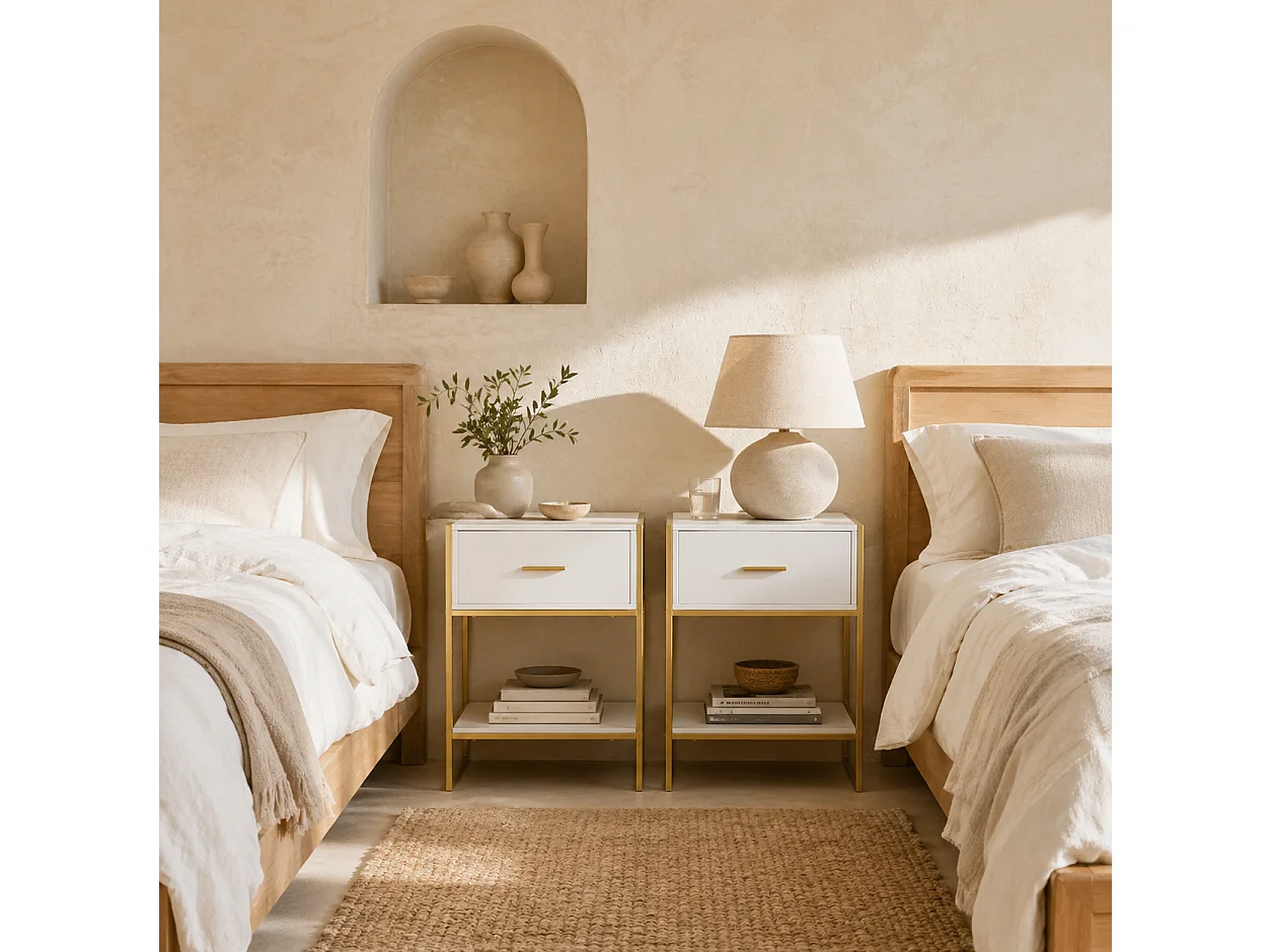 Fimase Set of 2 White Bedside Tables with Drawer and Shelf