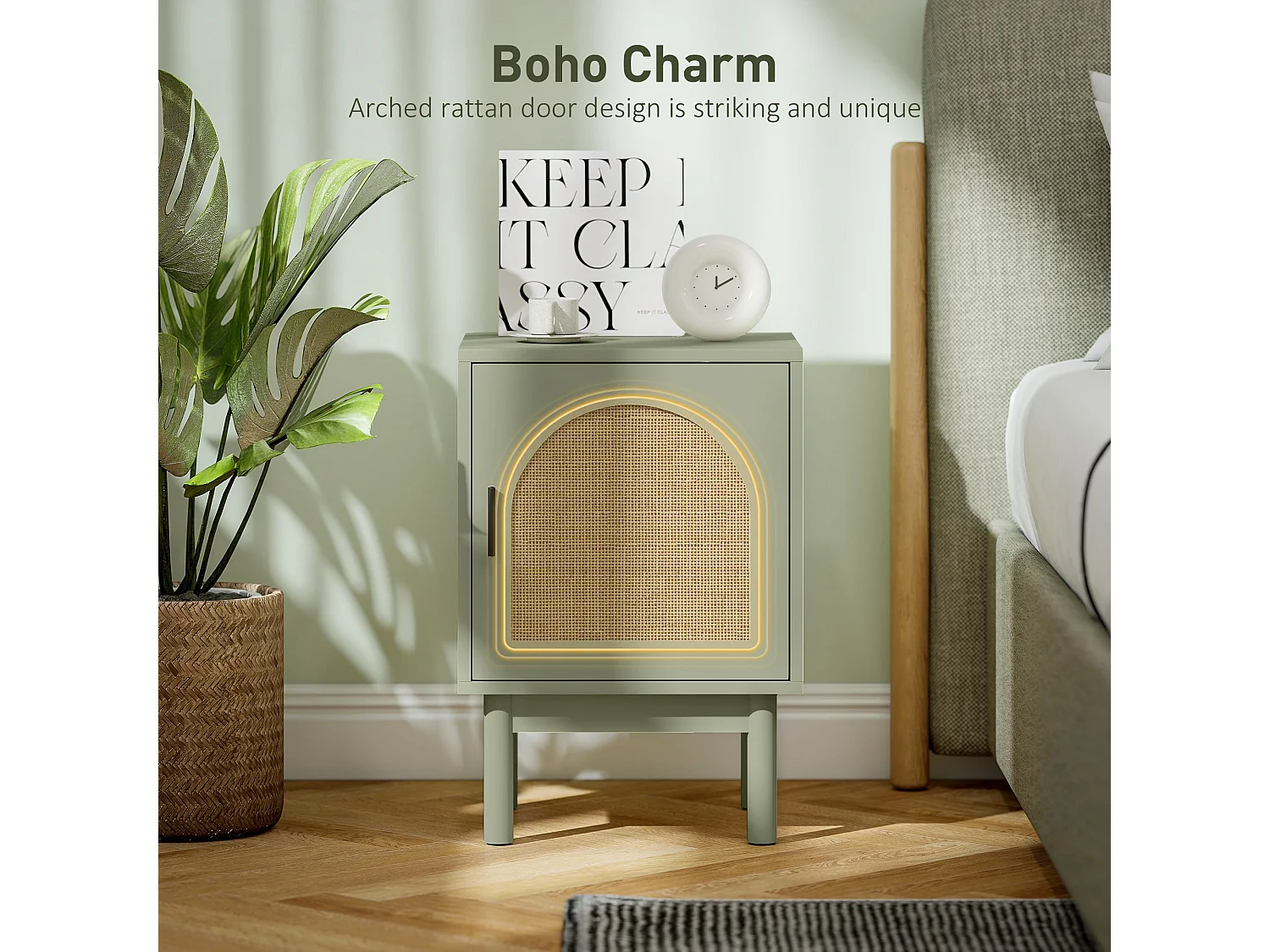 Yotomo Sake Light Green Rattan Bedside Table Natural Woven Door Adjustable Shelf