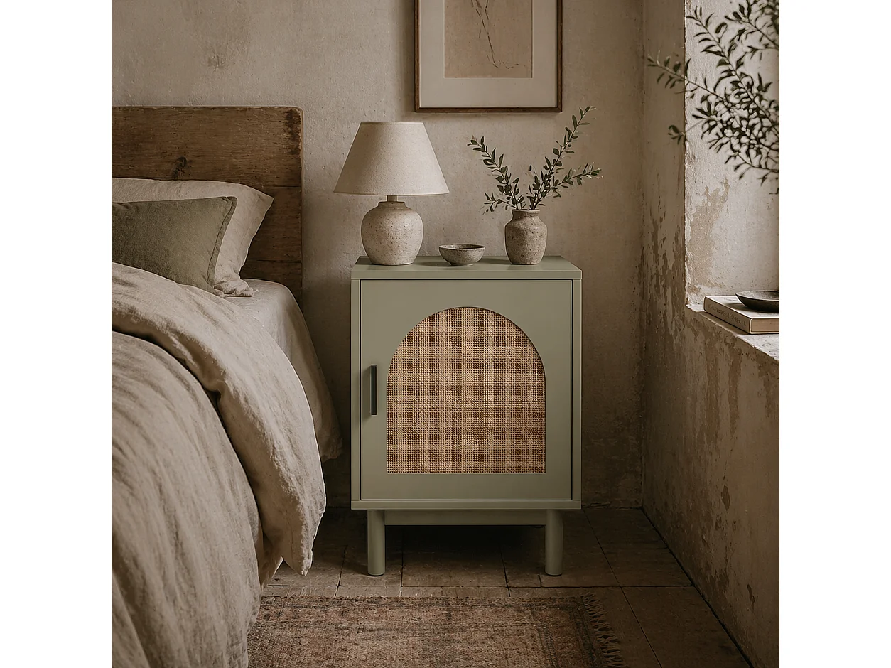 Yotomo Sake Light Green Rattan Bedside Table Natural Woven Door Adjustable Shelf