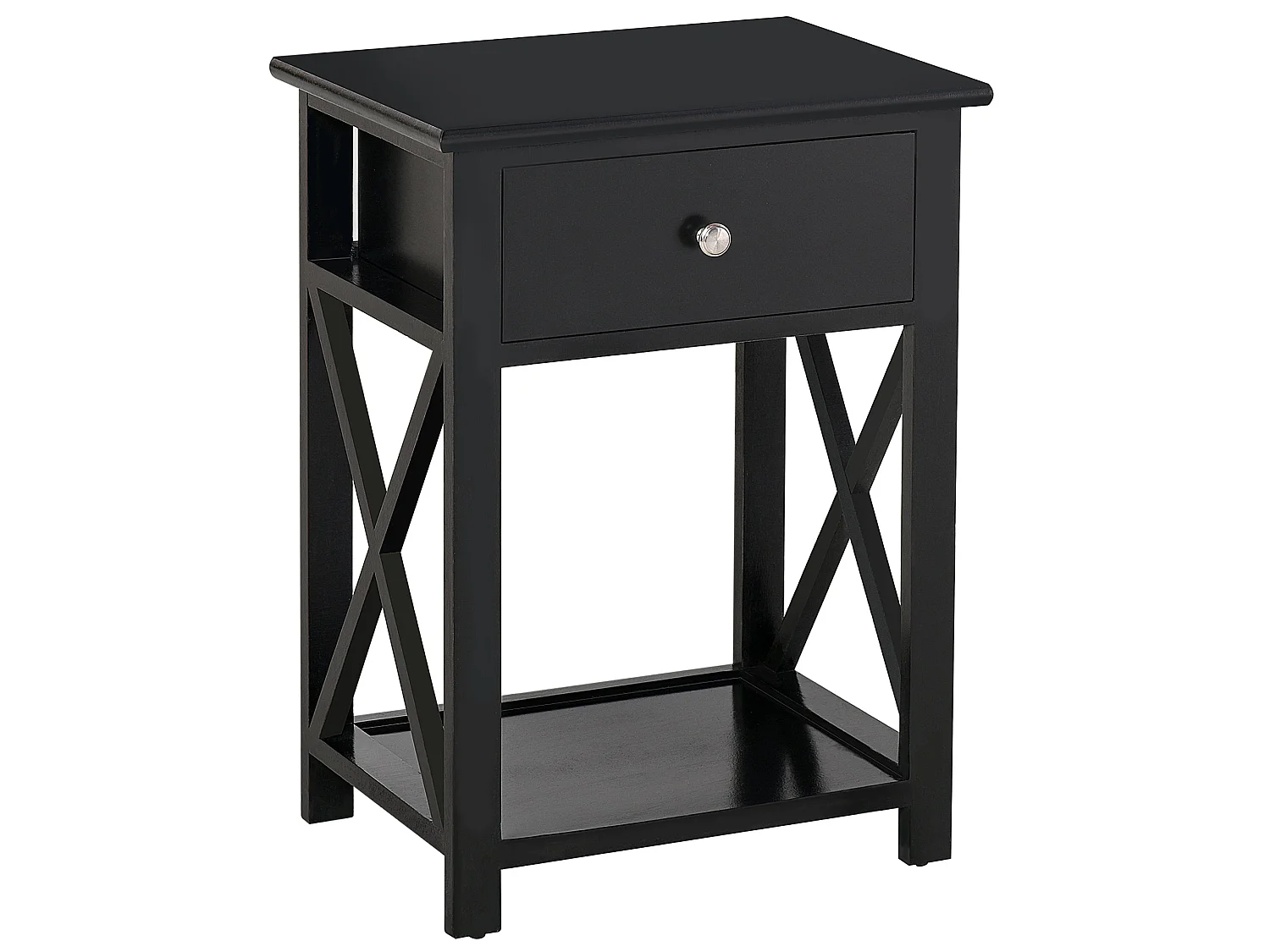 Vidodo Black Wooden Bedside Table with Drawer X Bar Base and Lower Shelf
