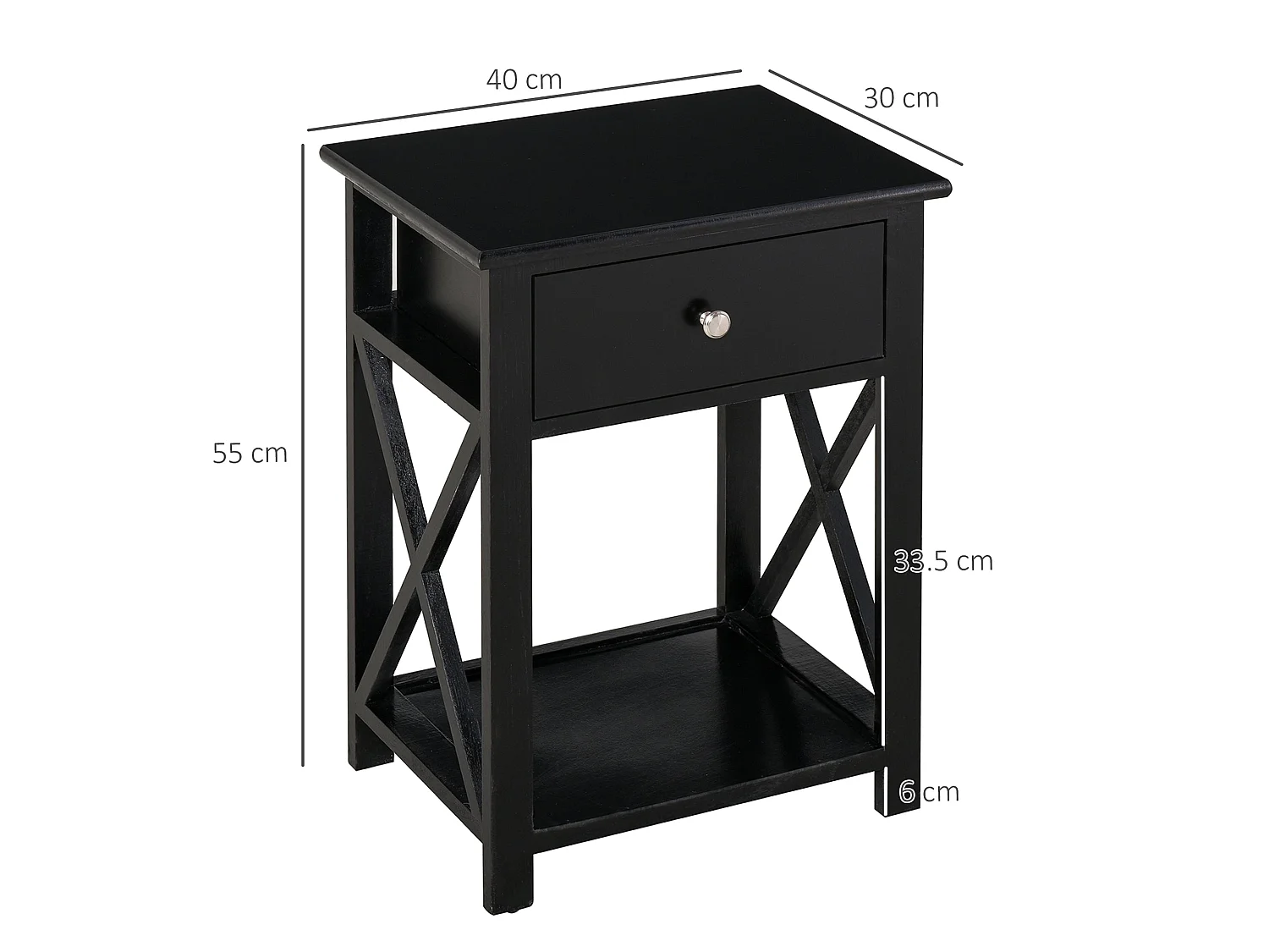 Vidodo Black Wooden Bedside Table with Drawer X Bar Base and Lower Shelf