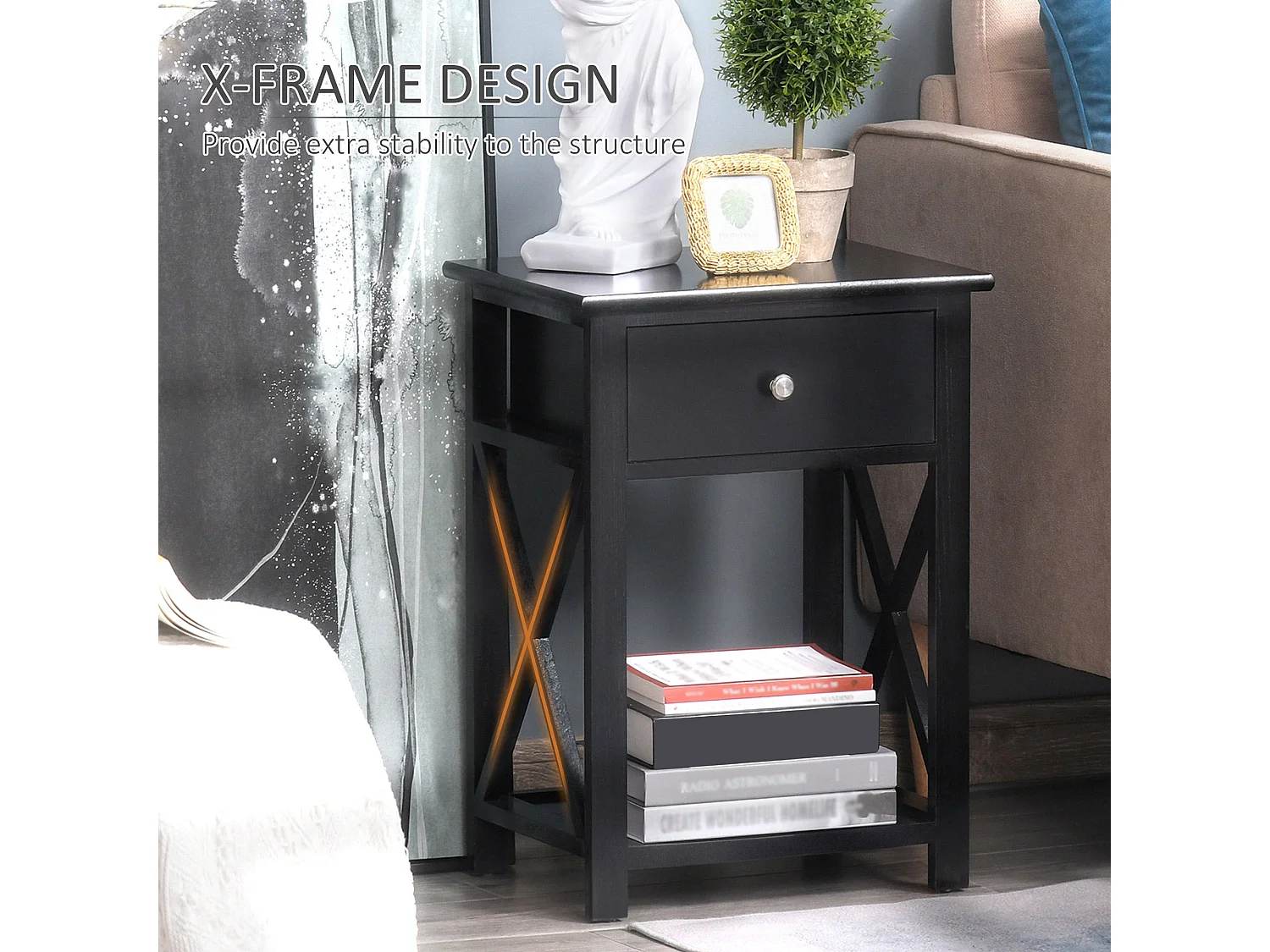 Vidodo Black Wooden Bedside Table with Drawer X Bar Base and Lower Shelf