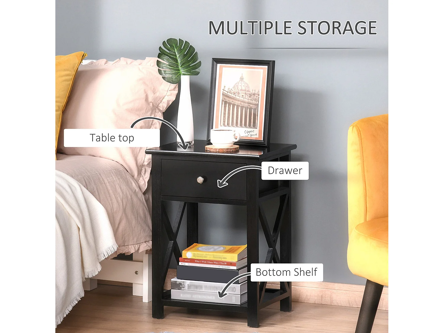 Vidodo Black Wooden Bedside Table with Drawer X Bar Base and Lower Shelf