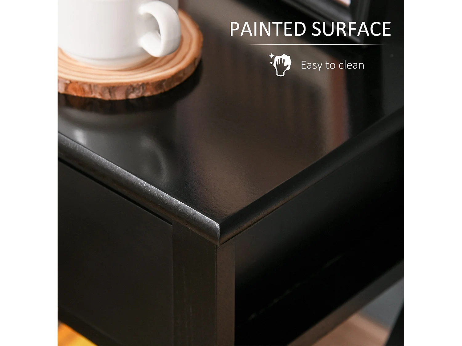 Vidodo Black Wooden Bedside Table with Drawer X Bar Base and Lower Shelf