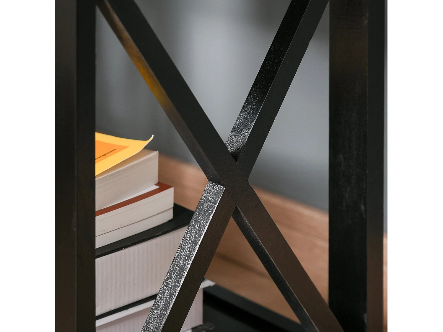 Vidodo Black Wooden Bedside Table with Drawer X Bar Base and Lower Shelf