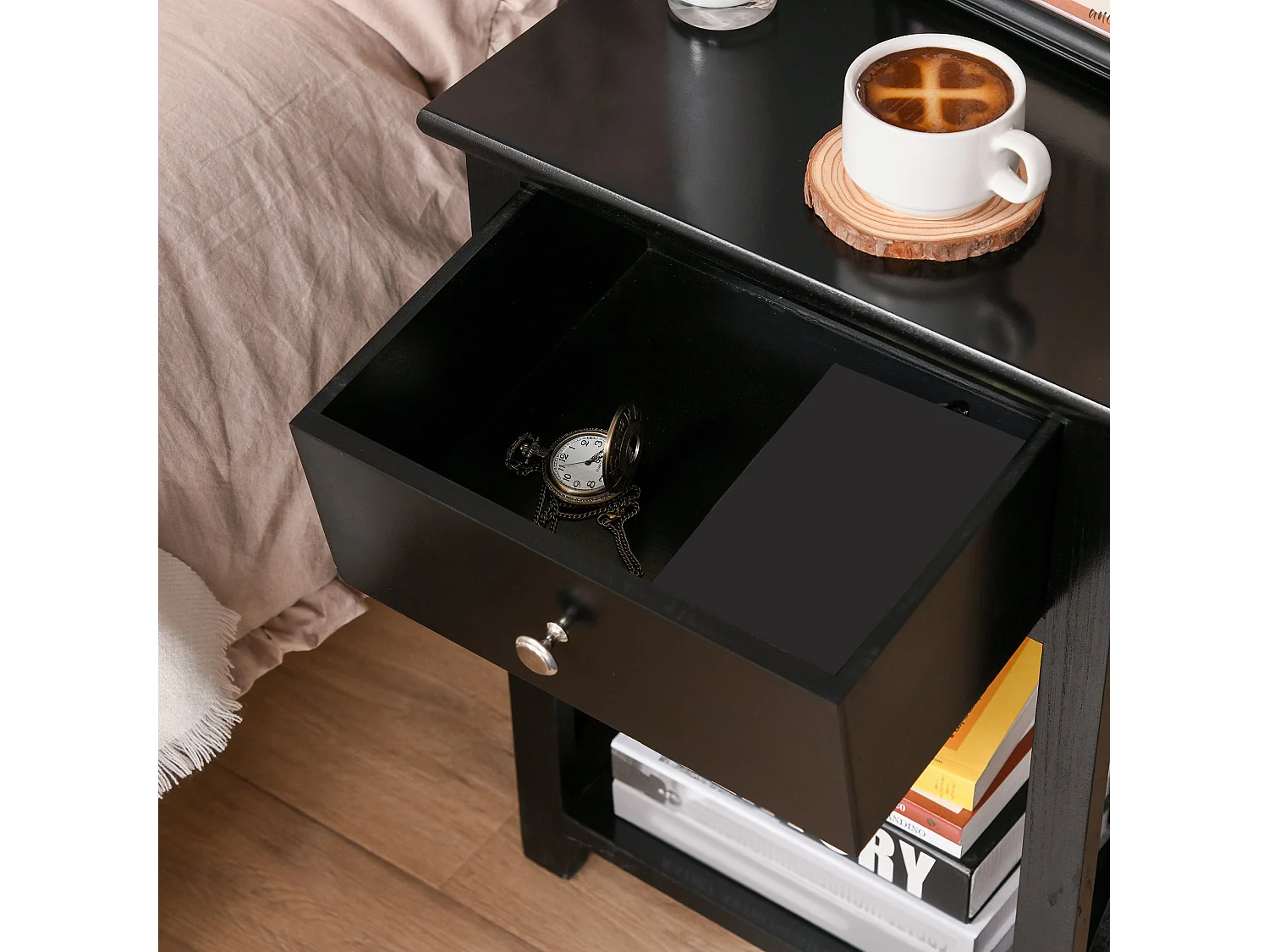 Vidodo Black Wooden Bedside Table with Drawer X Bar Base and Lower Shelf