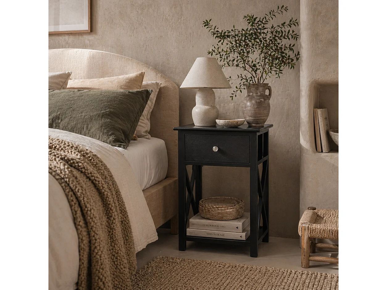 Vidodo Black Wooden Bedside Table with Drawer X Bar Base and Lower Shelf