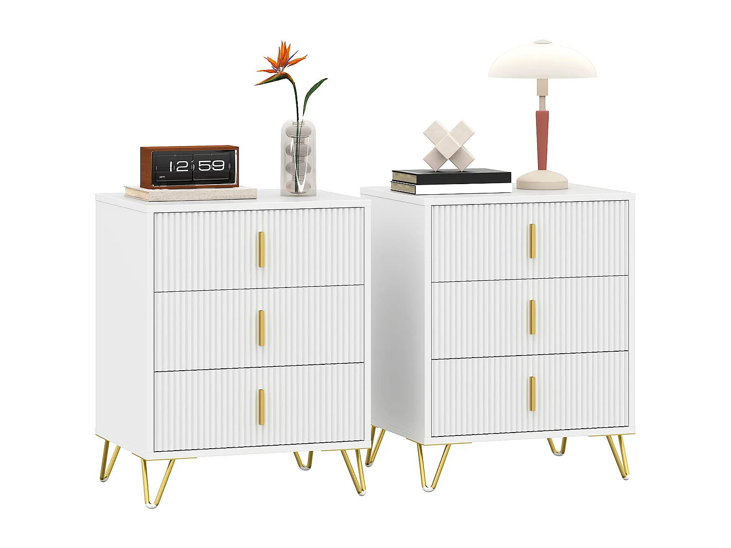 Renina Set of 2 White and Gold 3 Drawer Bedside Tables
