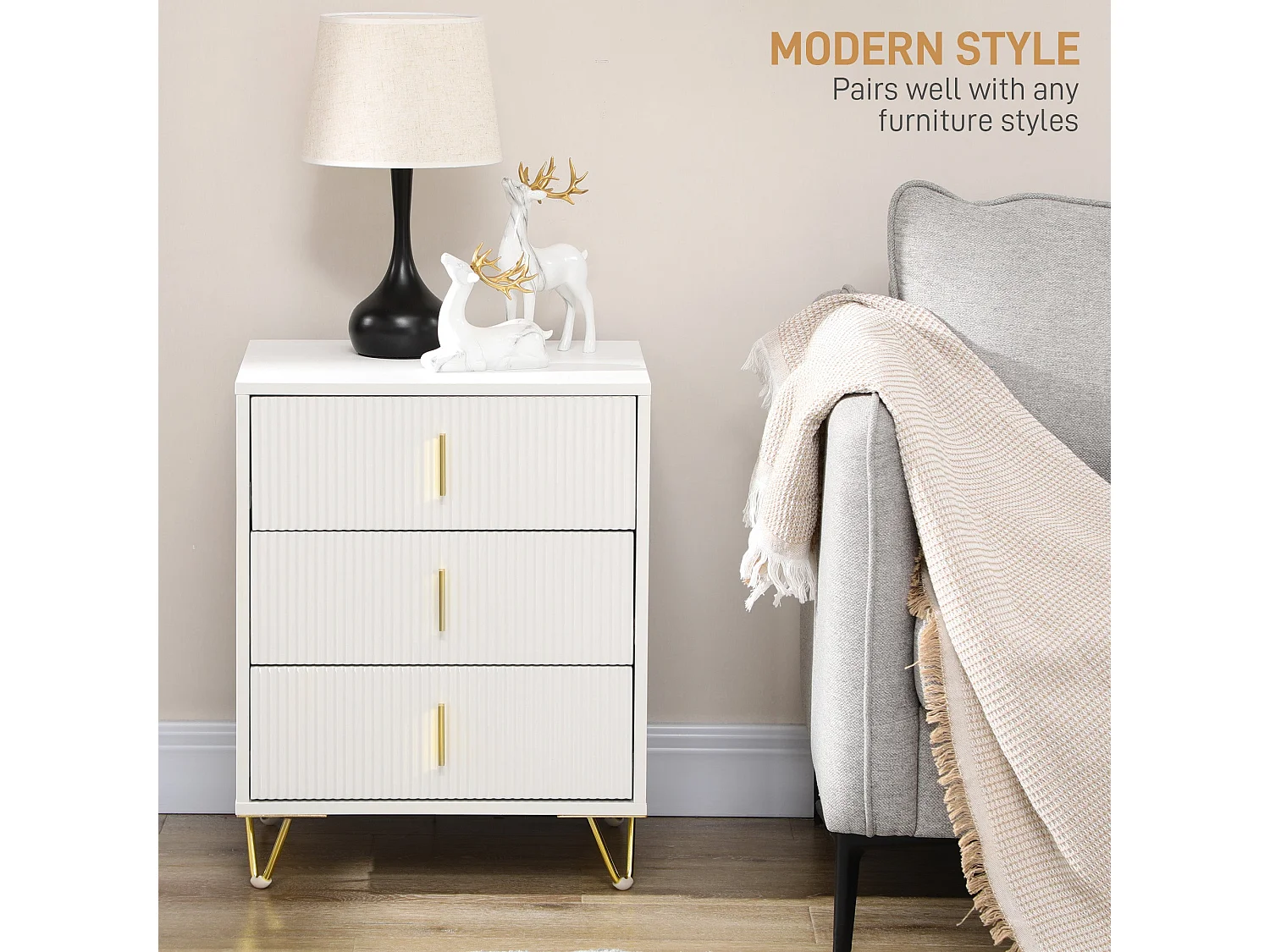Renina Set of 2 White and Gold 3 Drawer Bedside Tables