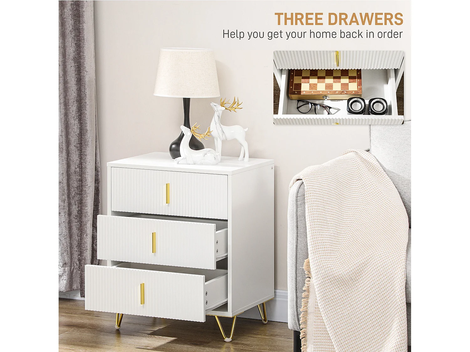 Renina Set of 2 White and Gold 3 Drawer Bedside Tables