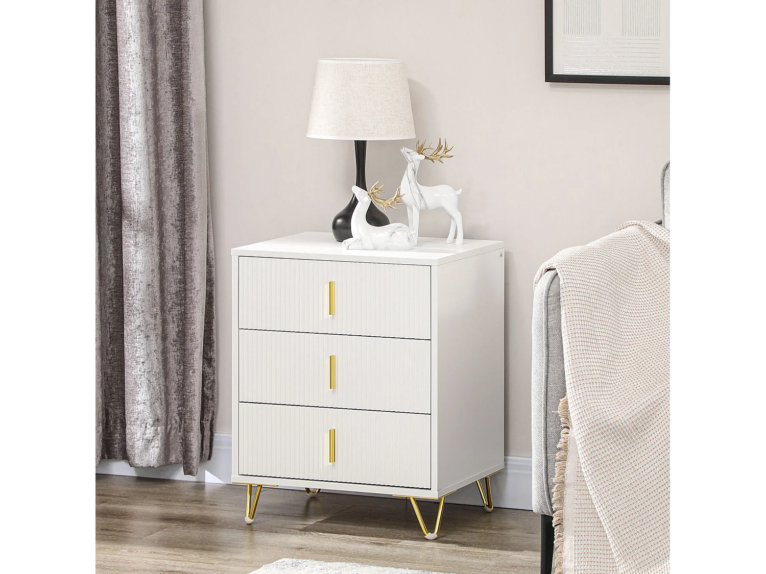 Renina Set of 2 White and Gold 3 Drawer Bedside Tables