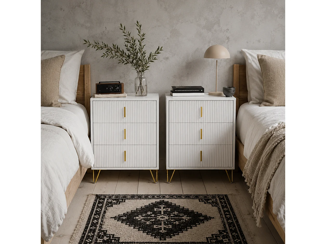 Renina Set of 2 White and Gold 3 Drawer Bedside Tables