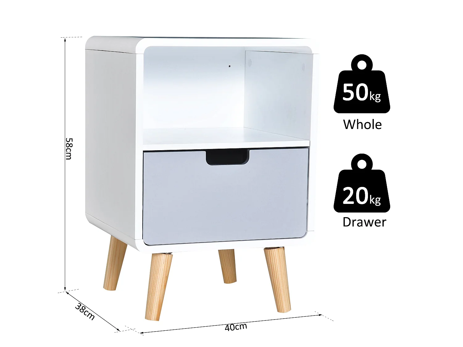 Tapayo Wooden Bedside Table Scandinavian Natural Finish with Drawer and Open Shelf