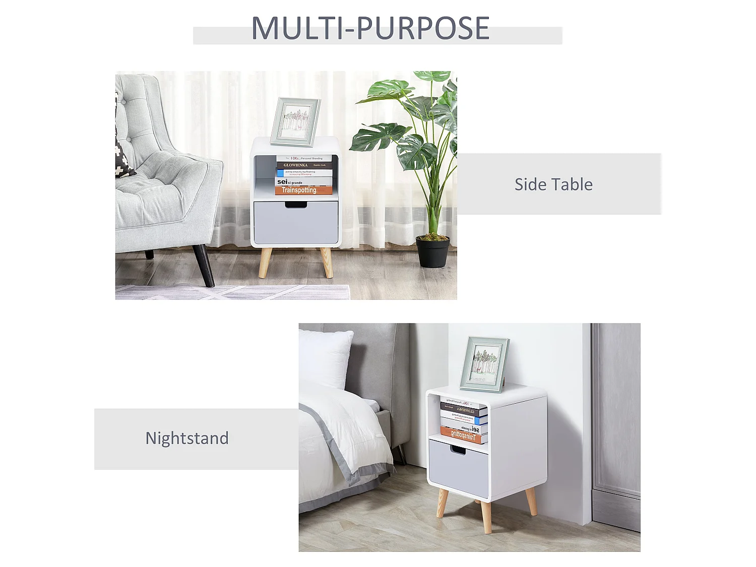 Tapayo Wooden Bedside Table Scandinavian Natural Finish with Drawer and Open Shelf