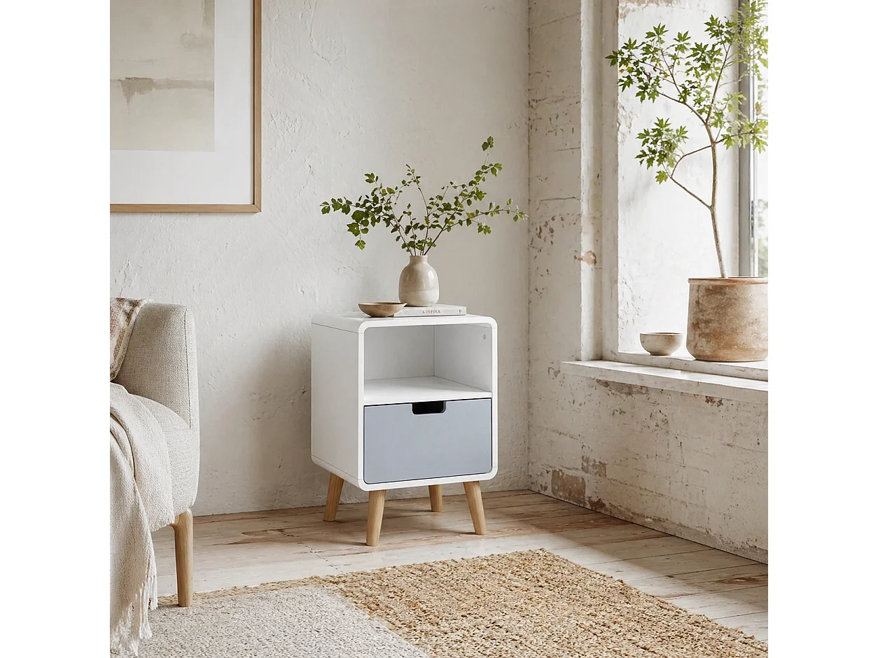 Tapayo Wooden Bedside Table Scandinavian Natural Finish with Drawer and Open Shelf