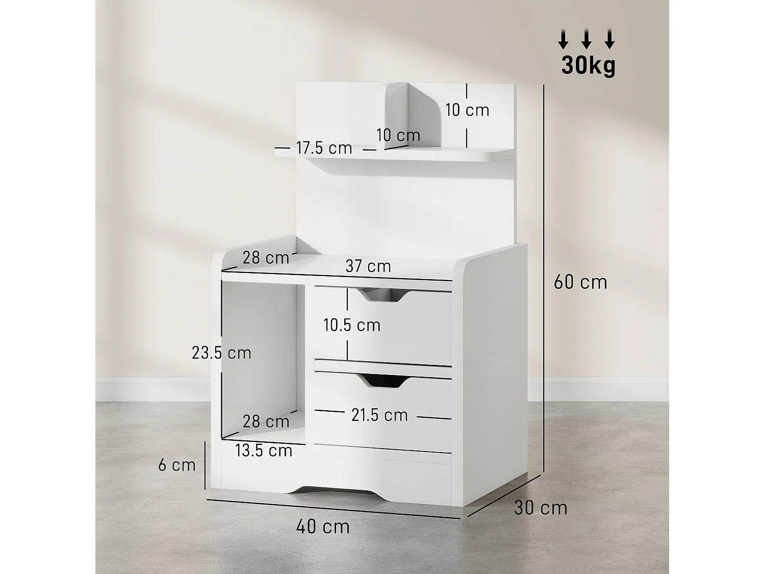 Sora Nico High Gloss White Bedside Table 2 Drawers and Open Shelves
