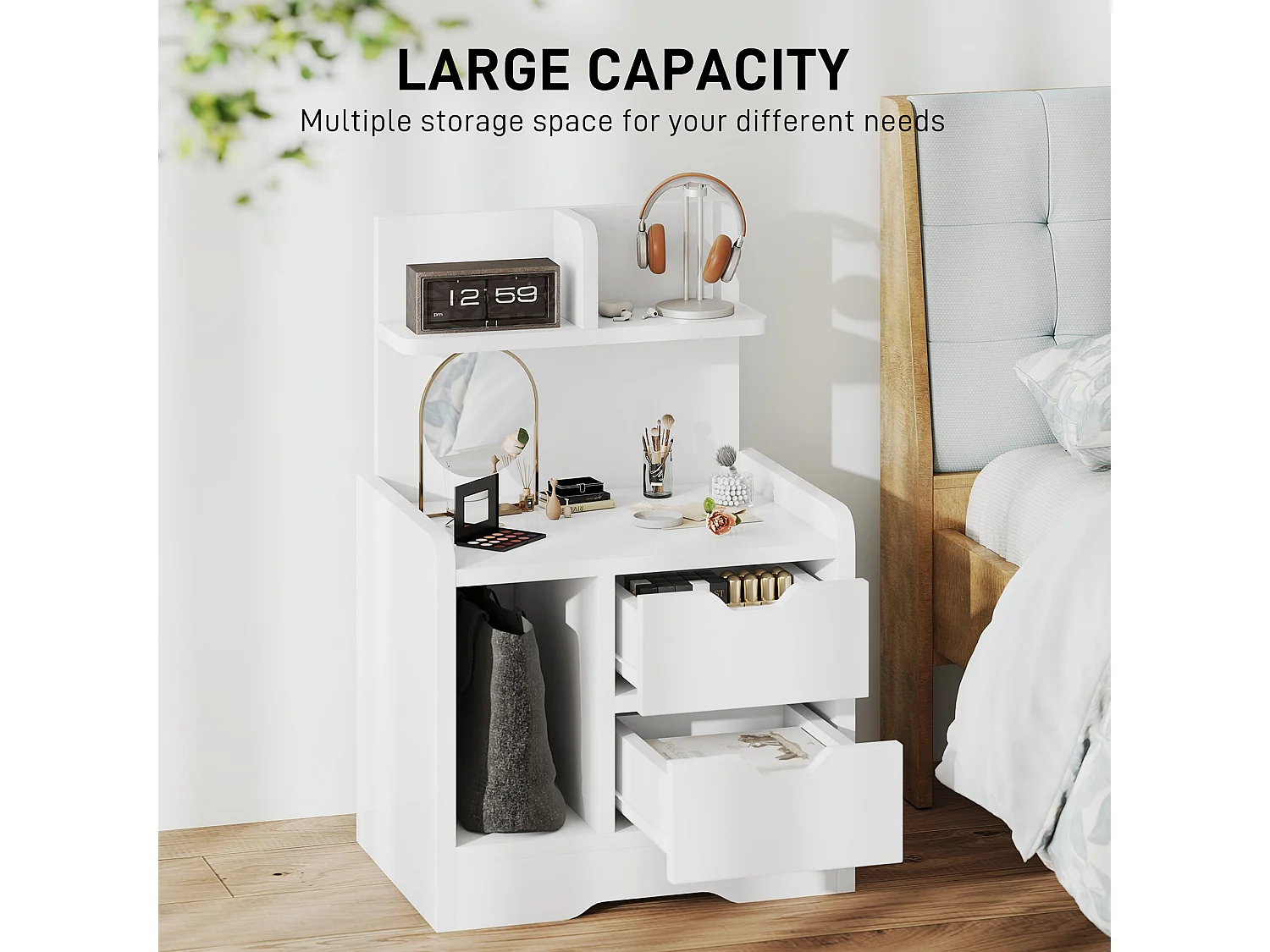 Sora Nico High Gloss White Bedside Table 2 Drawers and Open Shelves