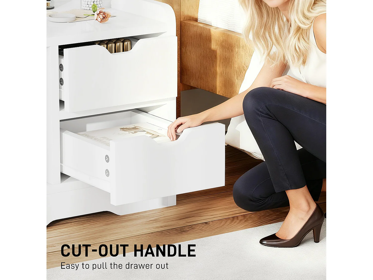 Sora Nico High Gloss White Bedside Table 2 Drawers and Open Shelves