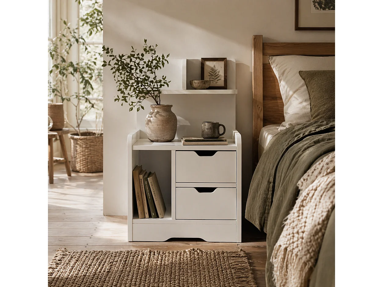 Sora Nico High Gloss White Bedside Table 2 Drawers and Open Shelves