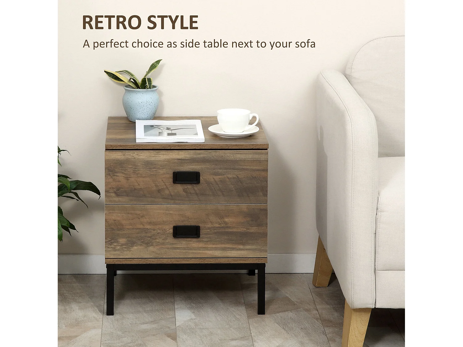 Monoyo Set of 2 Coffee Brown Retro Bedside Tables 2 Drawers Black Legs