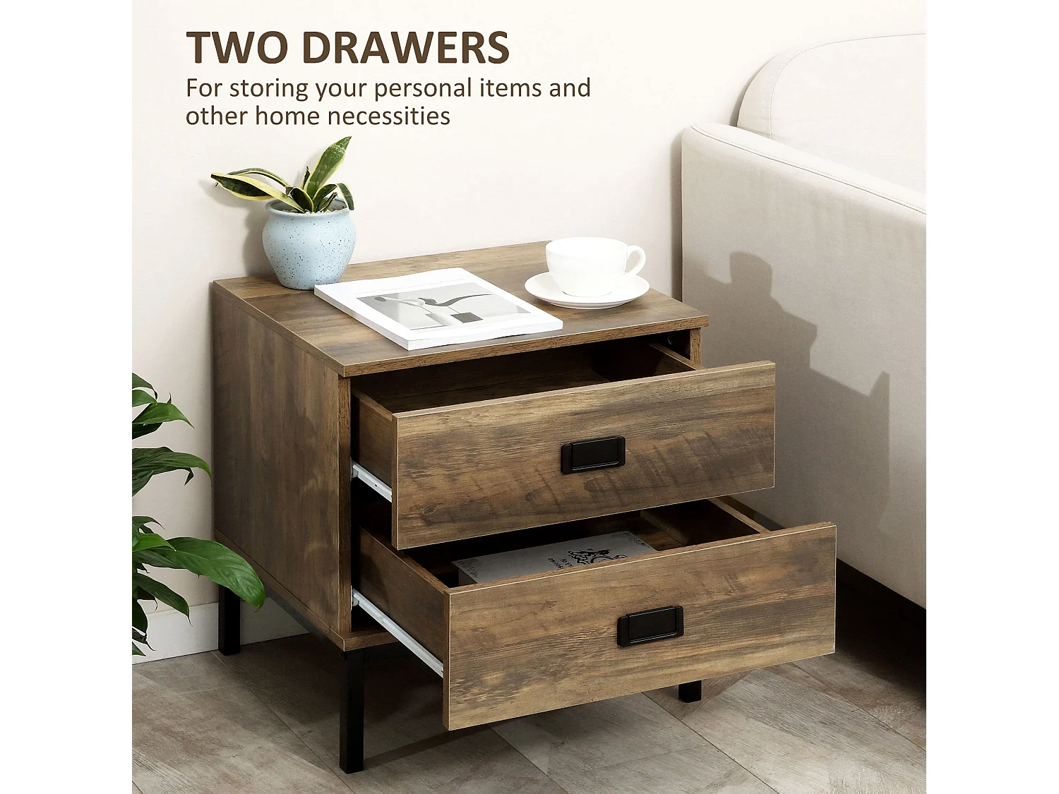 Monoyo Set of 2 Coffee Brown Retro Bedside Tables 2 Drawers Black Legs