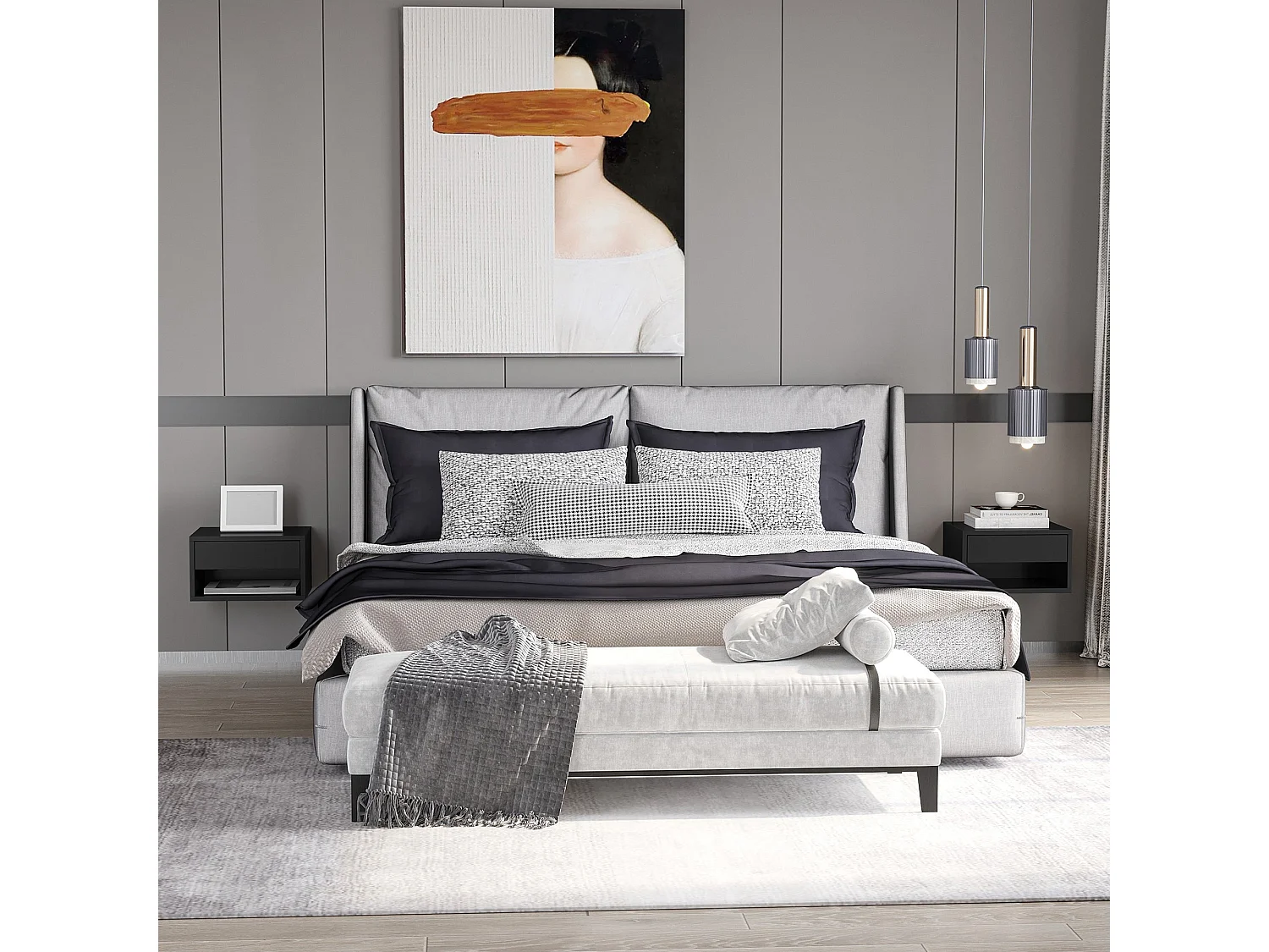 Fisaro Set of 2 High Gloss Black Floating Bedside Tables 1 Drawer 1 Shelf