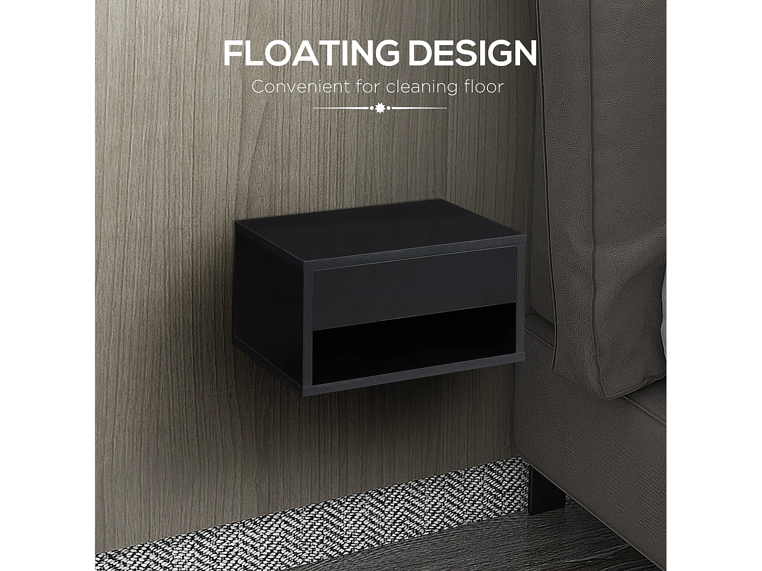 Fisaro Set of 2 High Gloss Black Floating Bedside Tables 1 Drawer 1 Shelf