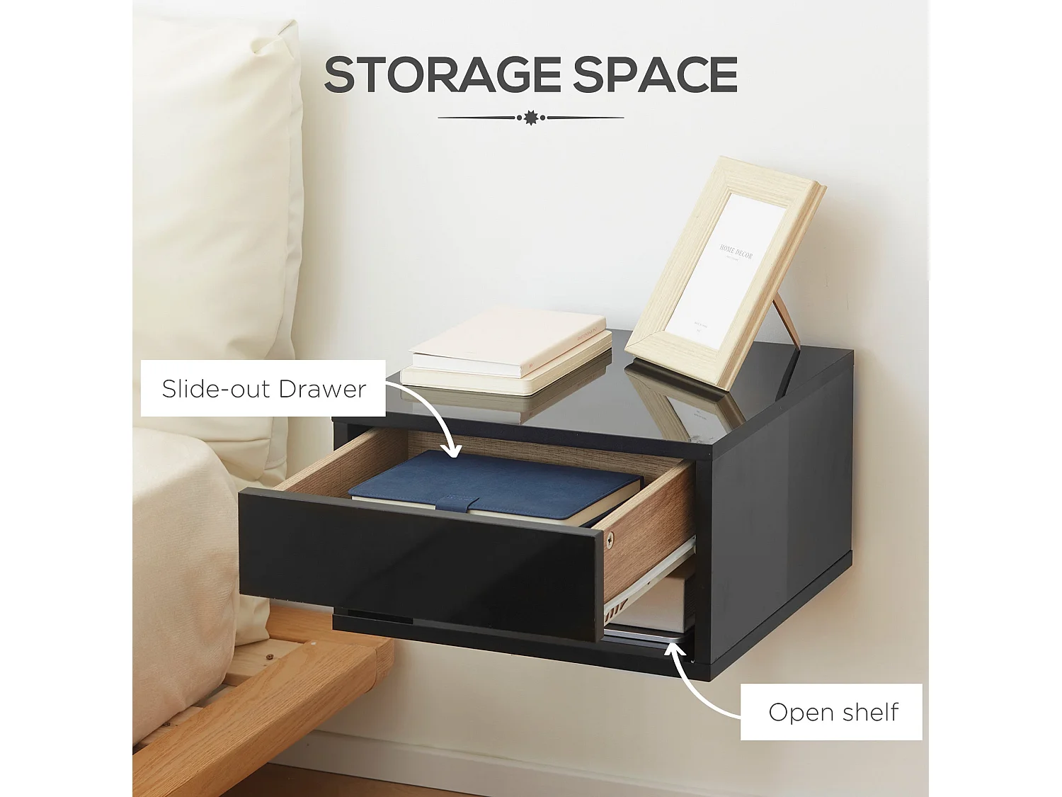 Fisaro Set of 2 High Gloss Black Floating Bedside Tables 1 Drawer 1 Shelf